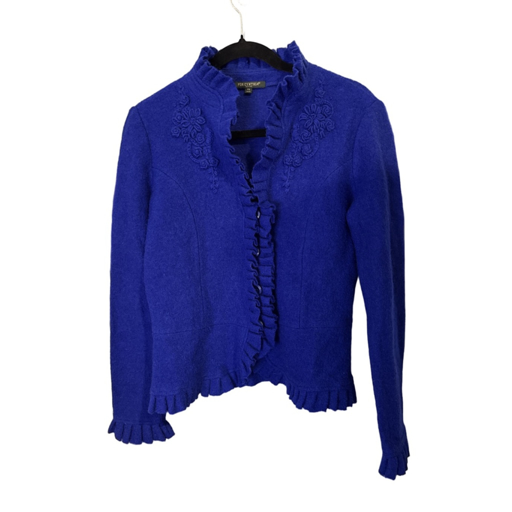 For Cynthia Petite Cobalt Blue Wool Ruffled Cardigan Floral Embroidery Size PS